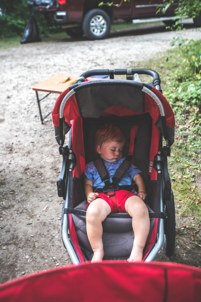 1 year old napping in his BOB stroller | luxury baby products