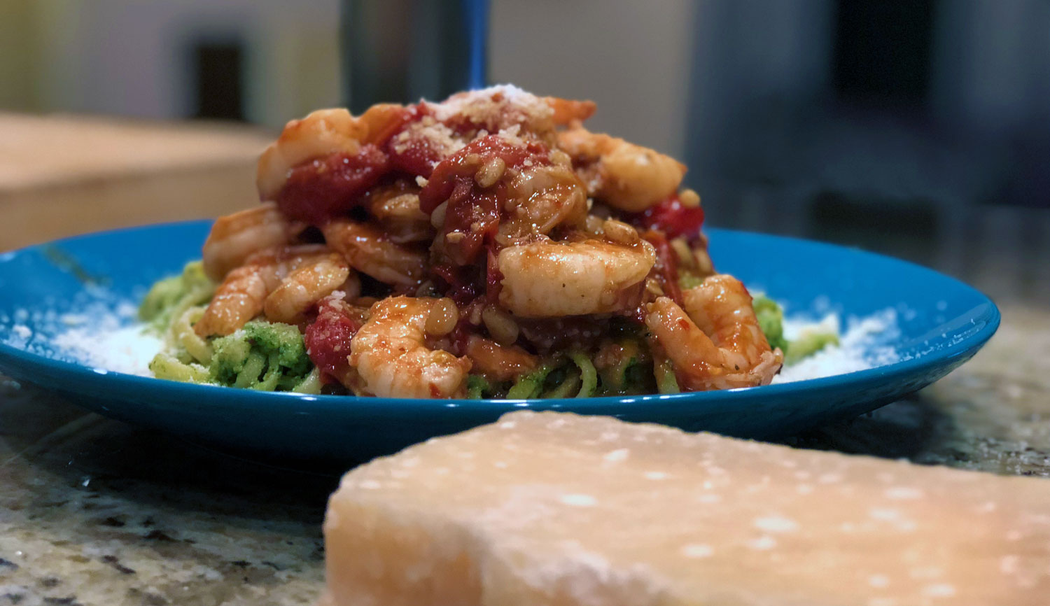 Parmesan Pesto Pasta featuring Cherry Tomatoes and Shrimp | Bottles and Banter