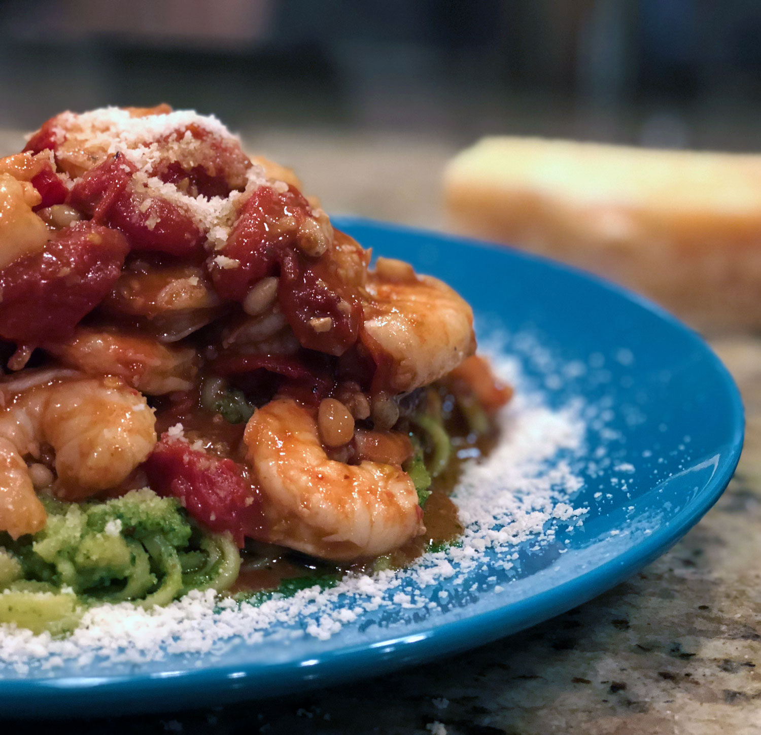 Parmesan Pesto Pasta featuring Cherry Tomatoes and Shrimp | Bottles and Banter