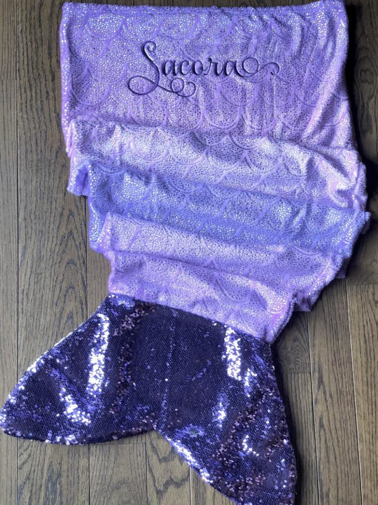 personalized purple mermaid tail blanket with reversible sequins