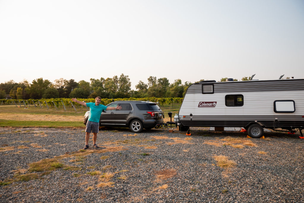 Parking the travel trailer during a Harvest Host stay at Mac's Creek Brewery in Nebraska
