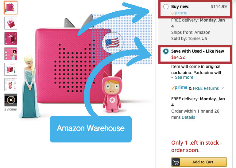 What is Amazon Warehouse | screenshot showing the price difference for used like new products